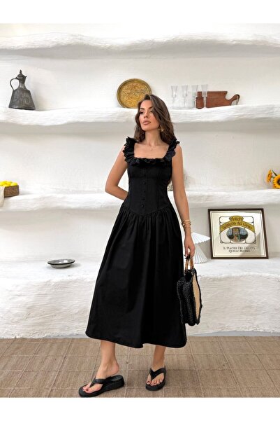 LİSAA BUTİK Thick Straps, Festive Detail, Buttoned Dress