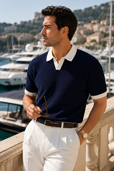 Polo State Tricou cu guler polo pentru bărbați, albastru marin, ecru