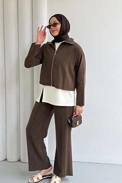 Modaensarbutik Modal Kumaş 3'lü Pantolonlu Tesettür Takım-KAHVERENGİ