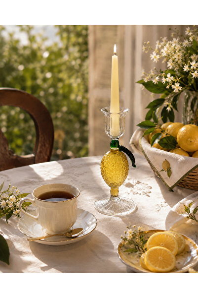 Handmadesign Limonlu Limon Desenli Cam Mumluk Şeffad Şamdan Şık Sunum Sarı Ye...