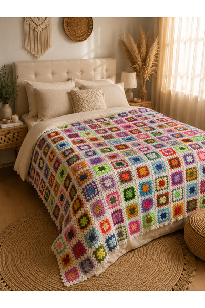 BY AKTEPE STORE El Yapımı Granny Square Motifli Tek Kiişilik Örgü Battaniye –...