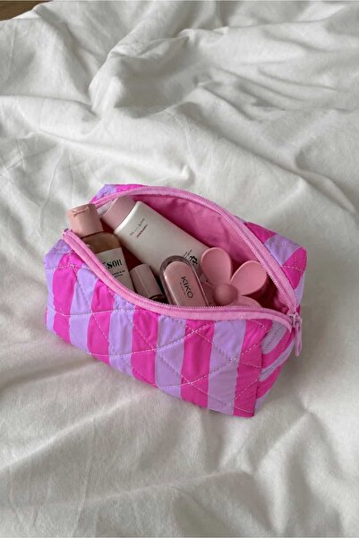 Yuka Atelier Pink Quilted Makeup Bag Travel Organizer Zippered Cosmetic Bag