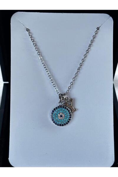 bijoux uniques Nazar boncuğu detaylı Y harfli çelik kolye