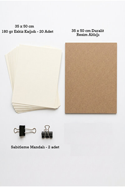 HOBBYRONS 35x50 cm Eskiz Ve Resim Altlığı Seti - 180 gr Çizim Kağıdı (20 Adet) + Duralit Altlık Ve 2 Adet Sabitleme Mandalı