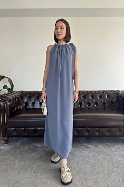 Moda Asrın Omuzdan Bağlamalı Premium Elbise- MAVİ