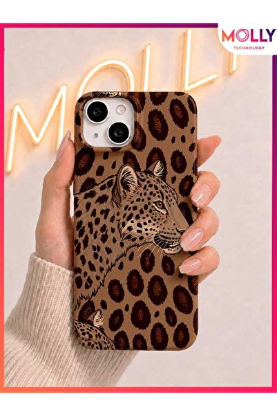 Molly iPhone 13 / 14 İçin Bej Leopar Aura Desenli İçi Kadife Silikon Kılıf