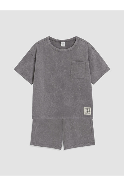LC Waikiki Gray Printed Boy's T-Shirt and Shorts Set