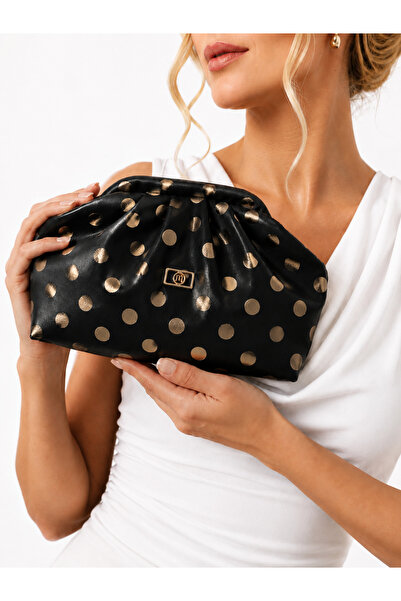 mossi Gold Puantiyeli Kadın Abiye Çanta Gold Detaylı Clutch Portföy Çanta