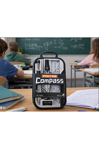 Frey Set de geometrie 9 piese cu 2 compasuri, riglă, echer, raportor și cutie pentru școală