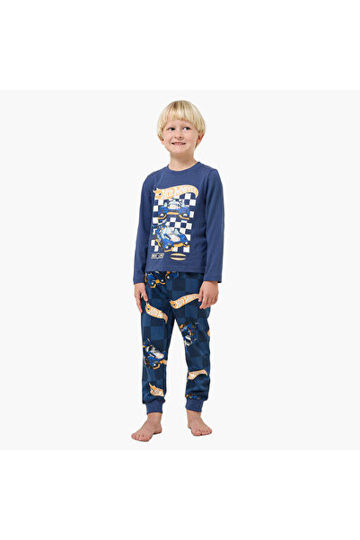 mattel Cotton Crew Neck Long Sleeves Pyjama Set with Hot Wheels Print