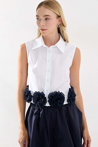 Jusenmia Floral Detailed Sleeveless Shirt White
