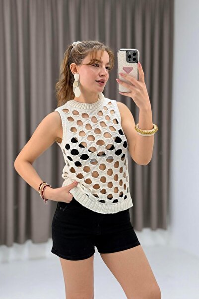 Raneel Kazançlı Alışveriş Thick strap mesh beige blouse