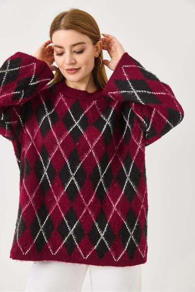 Raneel Kazançlı Alışveriş Women's Baklava Pattern Soft Textured Sweater Burgu...