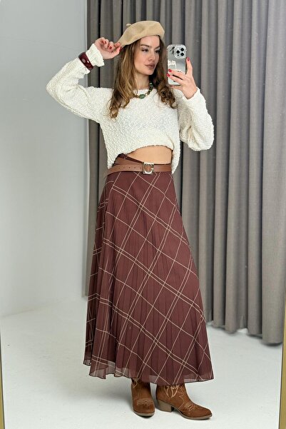 Raneel Kazançlı Alışveriş Women's brown plaid long skirt with pleated lining