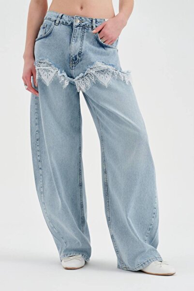 tw3 Women's Blue Balloon Fit Design Jeans with Lace Front and Ripped Detail
