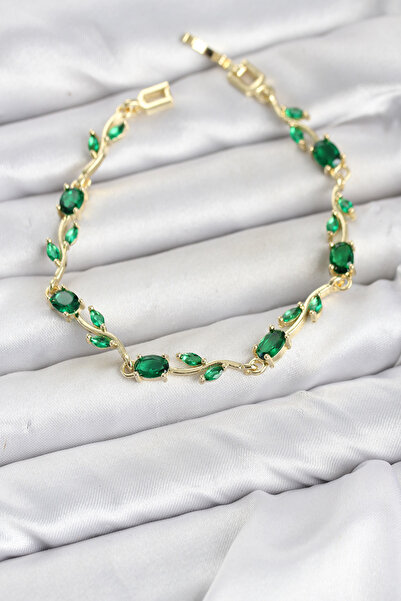 evimdeyokyok Brass Gold Color Green Zircon Stone Flower Model Women's Bracele...