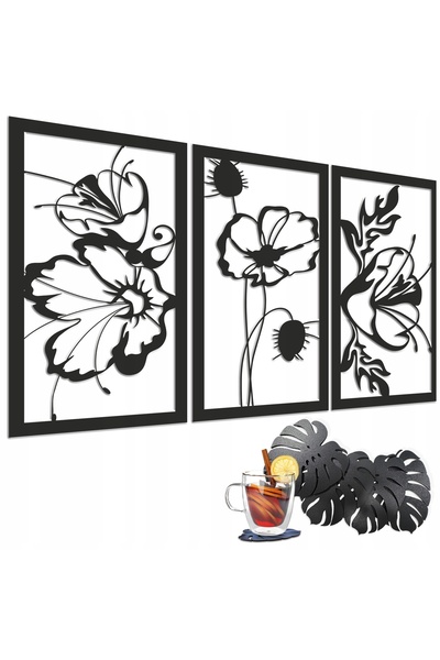 Naklejkomania Triptic, panou traforat papadii, decor boho, tablou 3D pentru c...