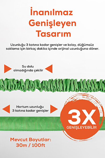 ALFAGİFT 3 Kat Uzayan Bahçe Hortumu 30 Metre 7 Fonksiyonlu Sprey Tabancalı Esnek Sulama Hortumu