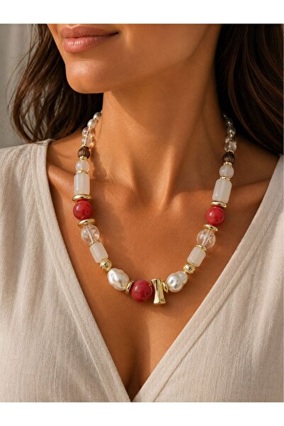 BIJUTERI Pink Bead Model Design Necklace with Gold Detail