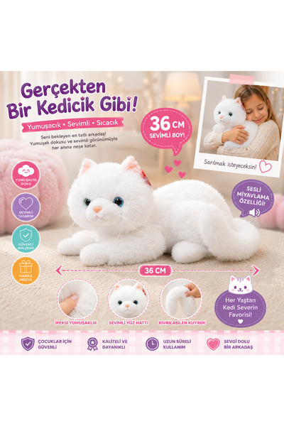 Cici Oyuncak 36 Cm Sesli Miyavlayan Peluş Kedi Oyuncağı Tüylü Sevimli Kedi Pe...