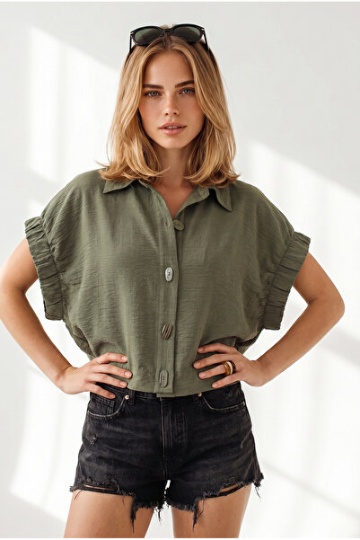 Olalook Women's Khaki Button and Sleeve Detailed Wrinkle Detailed Shirt Gml-1...