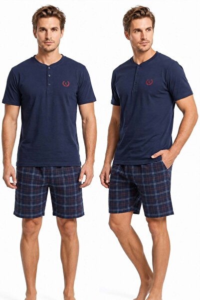 Kompedan Erkek % 100 Pamuk Düğmeli Yaka Altı Ekoseli Cepli Şortlu Pijama Takı...