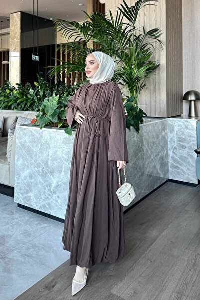 İmajButik Brown Shoulder Detail Waist Tie Dress