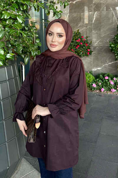 İmajButik Plum Color Elastic Cuff Collar Ruffle Tunic