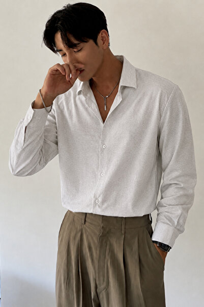 Tarz Cool Flamlı Linen Patterned Men's Regular Long Sleeve Apaj Collar Shirt