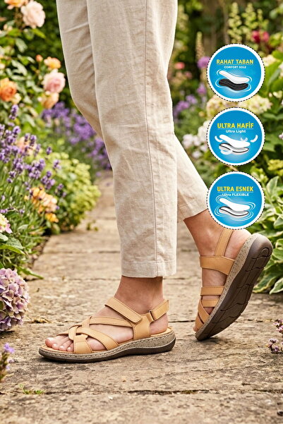 AYAKMOD Beige Genuine Leather Soft Sole Women's Sandals 22337 Z