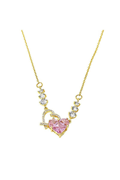Black Season Zircon Geometric Pink Heart Necklace