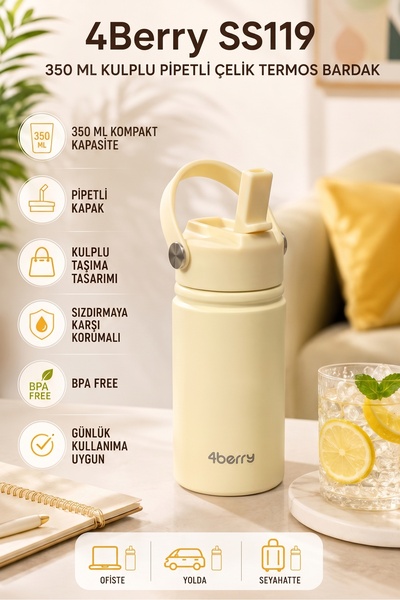 4 Berry Mini Termos Bardak 350 ml Pipetli Kulplu Çelik Gövde Su Matarası Krem