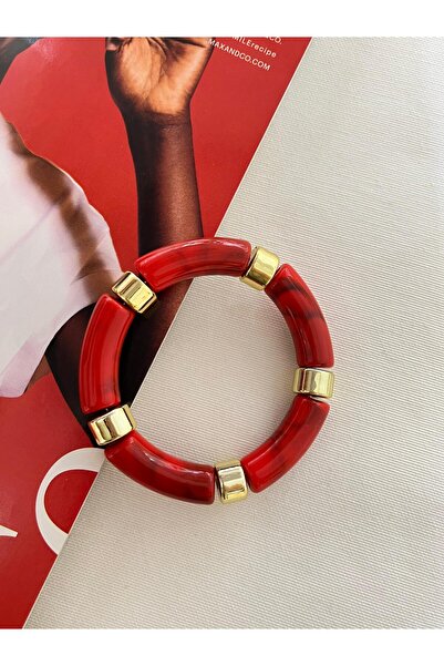 HİRA AKSESUAR KEMİK GOLD GEÇİŞLİ KIRMIZI LASTİKLİ BİLEKLİK