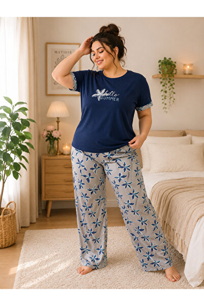 SERPİL Büyük Beden Kadın Pijama Takımı Hello Summer Baskılı Kısa Kollu Uzun P...