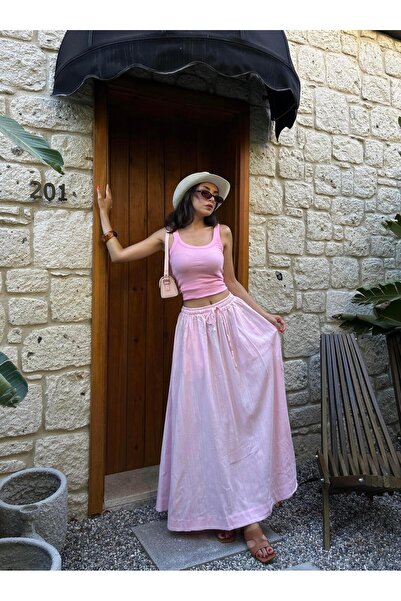 minaaise Pink 100% Organic Elastic Thread Detailed Long Skirt 29266