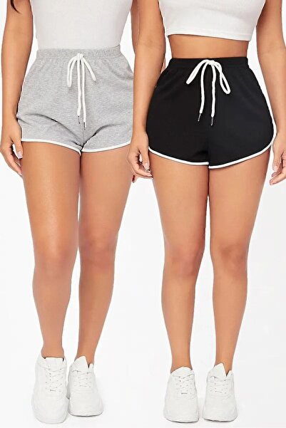 Generic Brand Women's Gray_Black Two-Piece White Piping Mini Shorts