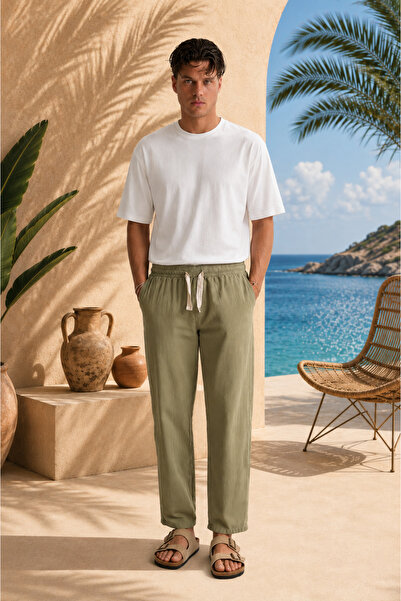 Dechers Men's Comfortable Fit Linen Trousers with Embroidery Detail and Elast...