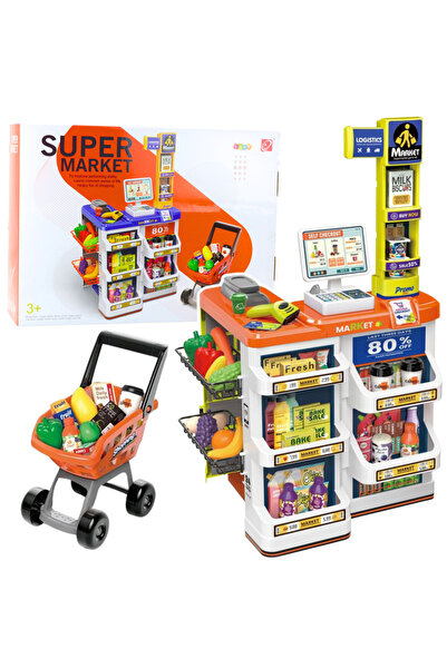 LeanToys Set de magazin, Casă de marcat, Cărucior, Scanner, Supermarket, Maga...