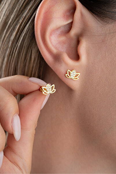 Silvano Jewelry 925 Ayar Gümüş Gold Kaplama Lotus Çiçeği Küpe