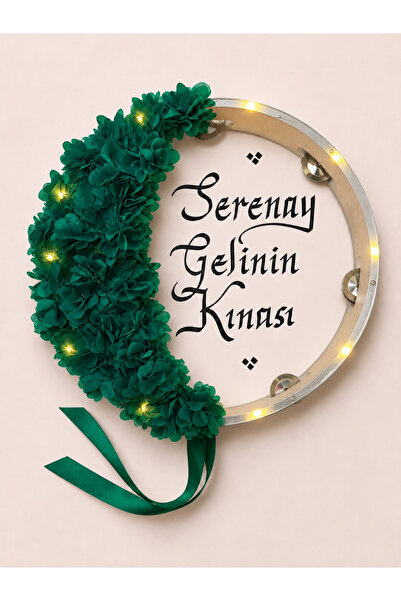 ELYNA Yeşil Ledli Şeffaf Gelin Tefi, Çiçekli 32 cm, Kına Düğün Sünnet Düğünü ...