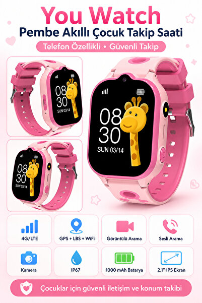 You Watch Sim Kartlı Çocuk Takip ve Telefon Özellikli Pembe Akıllı Saat