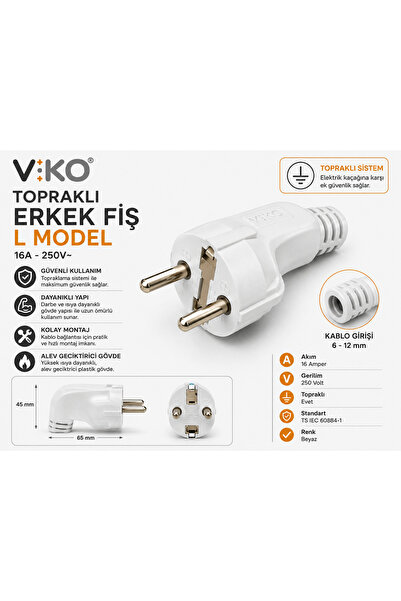 VİKO Topraklı Erkek Fiş L Model 16A 250V Dayanıklı Elektrik Fişi Beyaz