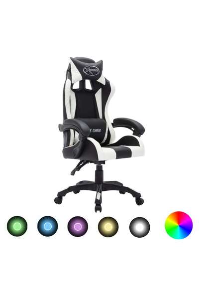 vidaxl Scaun de racing cu LED RGB, alb și negru, piele ecologică