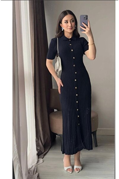 Abalı Siyah Düğmeli Fit Triko Elbise - Premium Pamuk