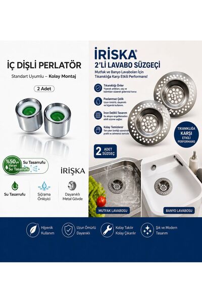 irişka Faucet Tip Internal Thread Aerator 2 Pcs + Sink Strainer 2 Pcs Set