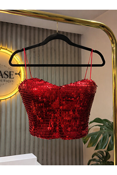 Maser Kırmızı Payetli Fermuarlı Büstiyer
