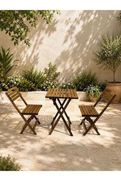 BarışAhşap Bahçe Balkon Mutfak 3’lü Bistro Set Katlanır Masa Sandalye 50x50 M...