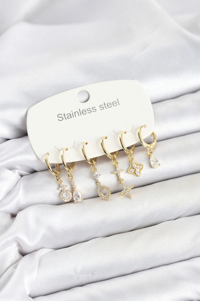 Clariss 316L Steel Gold Color Zircon Stone Clover Model Women's Earring Set