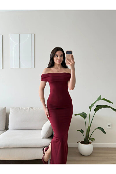 Zoom Butik Madonna Yaka Long Elbise - BORDO