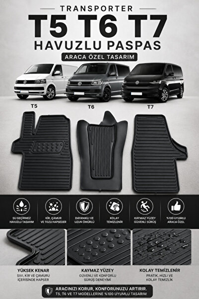 Black Gold Volkswagen Transporter T5 T6 T7 Havuzlu Oto Paspas 3 Parça Araca Ö...